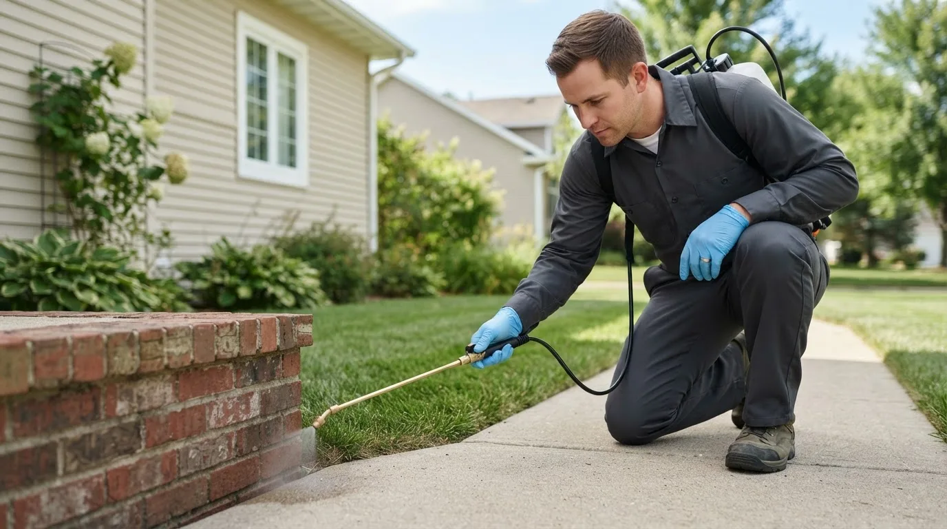 Pest control technician treating a home near Murdock, MN